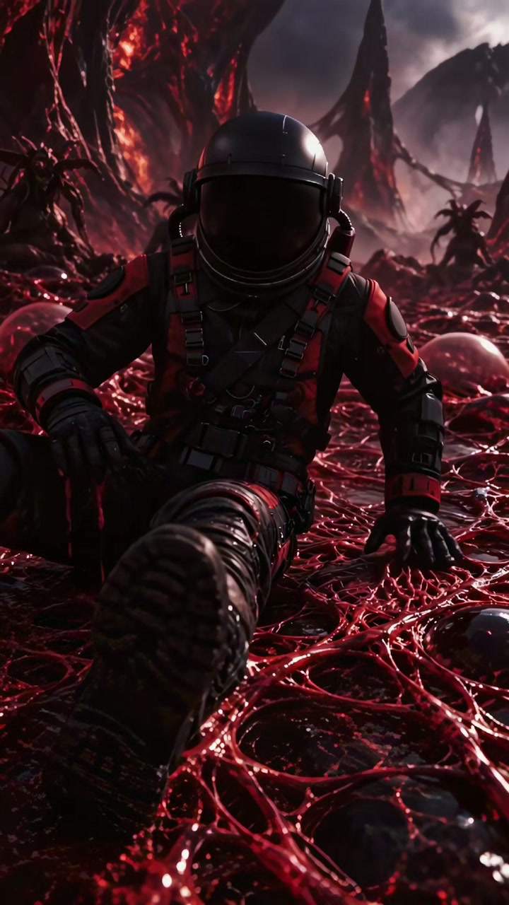 An astronaut sits on a dark red alien world surrounded by organic terrain.