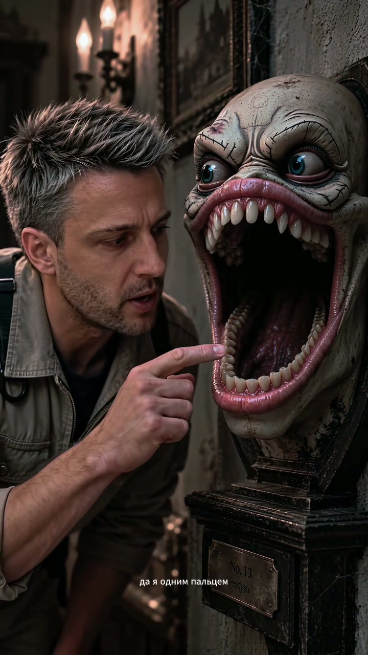 A person points toward a large creature head in a dark hallway.