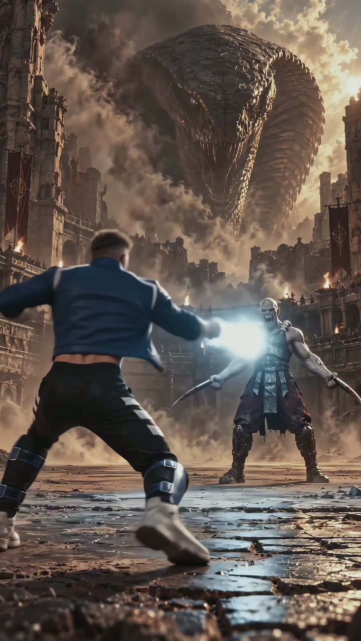 A blue-clad fighter faces an opponent in an arena beneath a giant serpent.